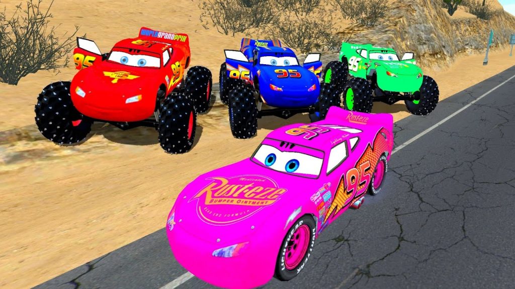 TRANSPORTING PIXAR CARS & FRUITS WITH COLORED & JOHN DEERE vs CLAAS vs TRACTORS – BeamNG.drive